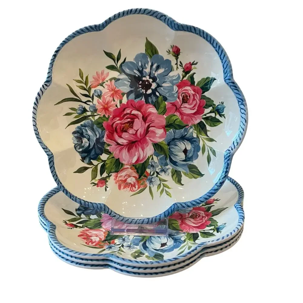 NEW Shabby Chic Floral Melamine Salad Plates 9in Set of 4 Scalloped Blue Border